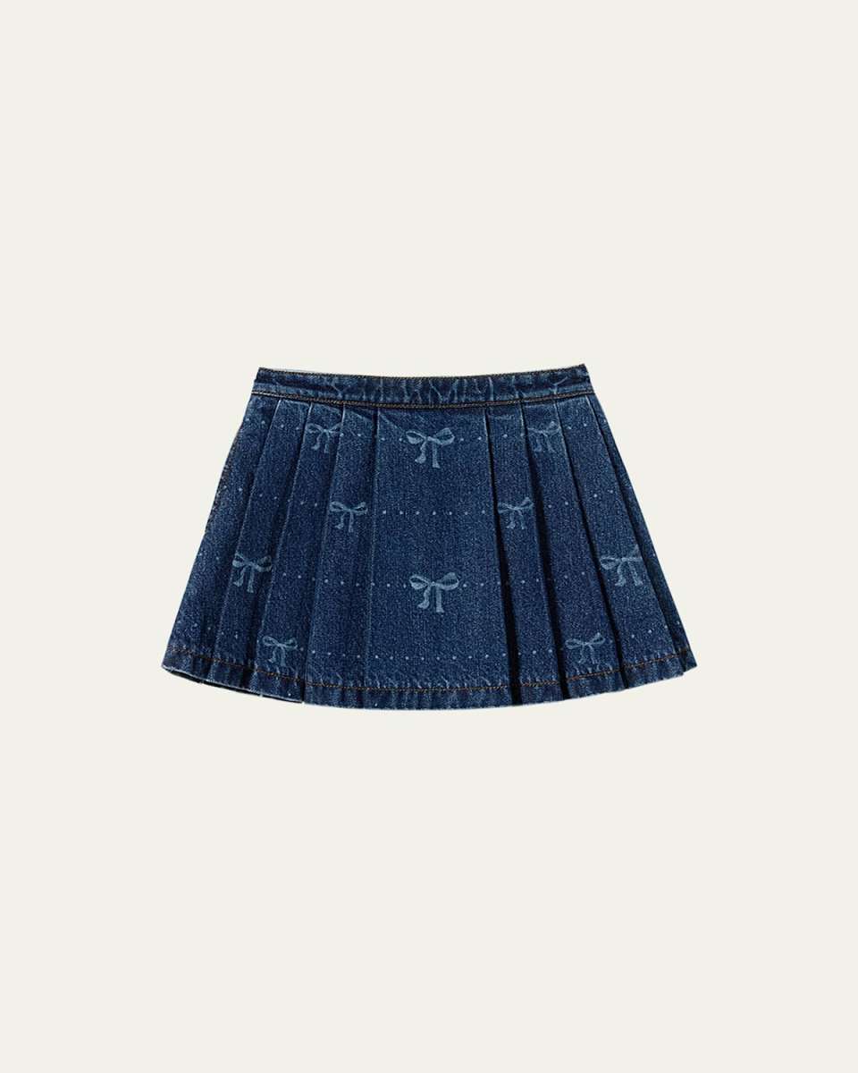 Girl's Bow-Print Pleated Denim Skirt, Size 3T-12